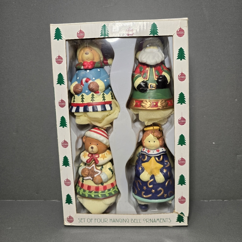 4 Elements Porcelain Hanging Bell Ornaments Dangling Legs Boxed Vtg Christmas